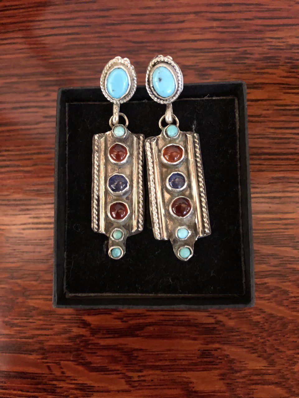 Turquoise,  Garnet & Sapphire Earrings